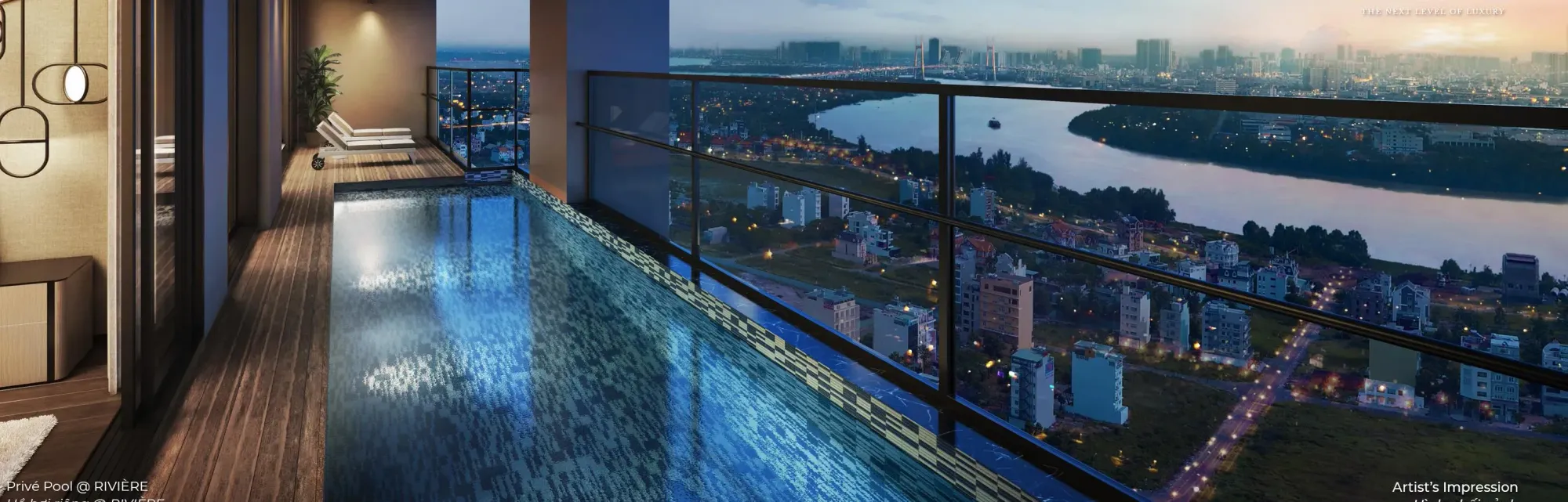 Hồ bơi riêng của căn Rivière 4 phòng ngủ nhìn ra sông Sài Gòn